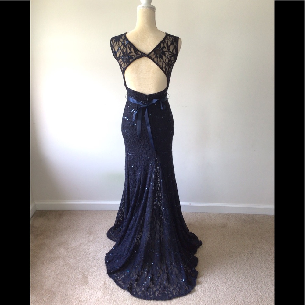 B. Darlin Navy Lace Mermaid Gown - Picture 2 of 12